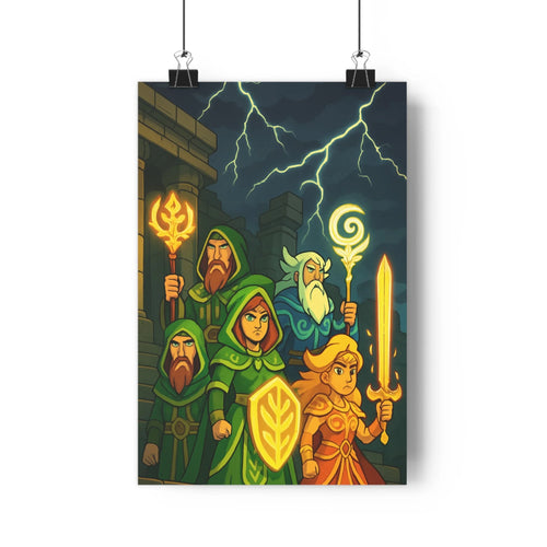 Poster guerriers mystiques nuit foudre vert cape sceptre doré pierres tours environnement fortifié ambiance mystérieuse et puissante chambre enfants