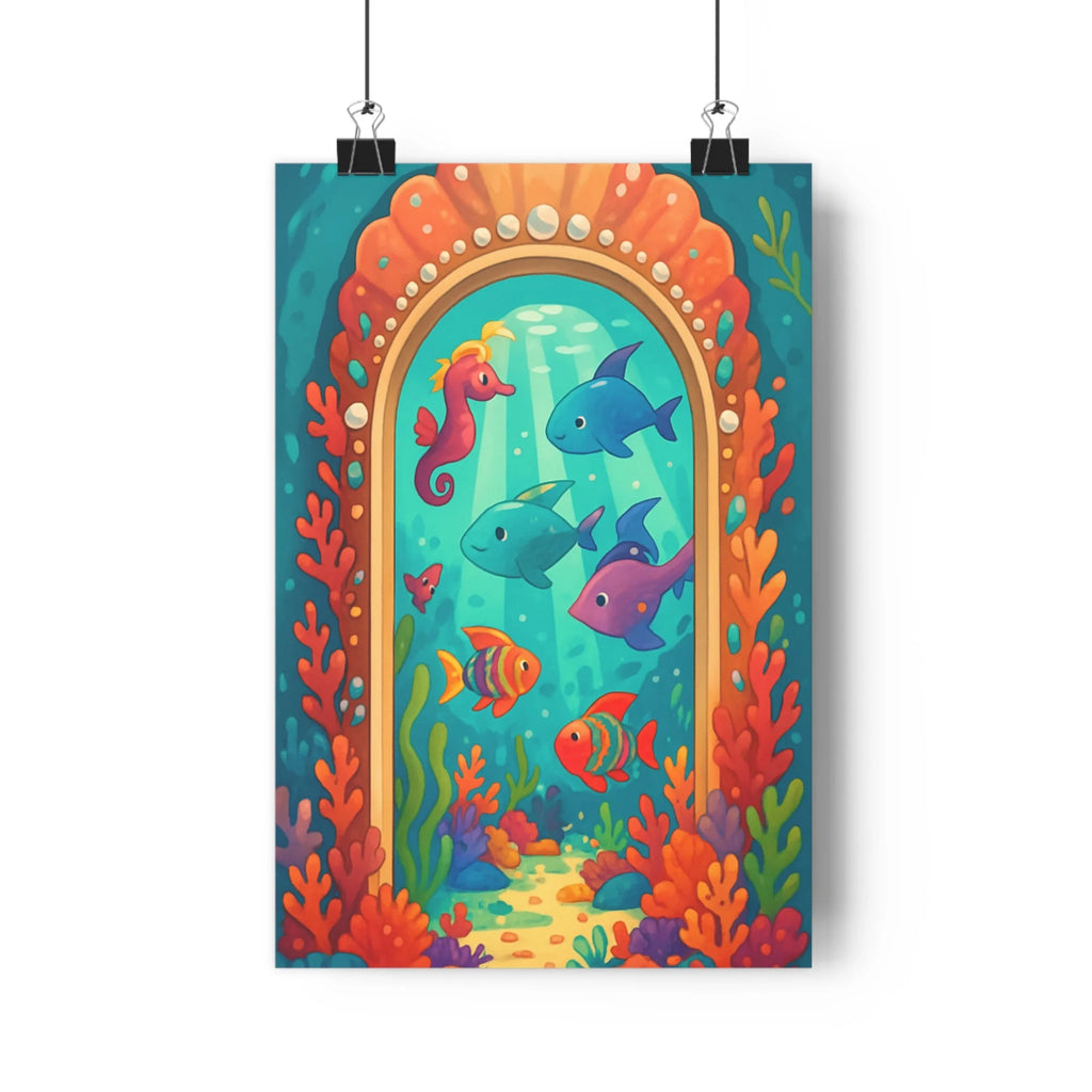 Poster décoratif cartoon océan bleu turquoise joyeux enfant chambre corail hippocampe vibrant unique fantaisie