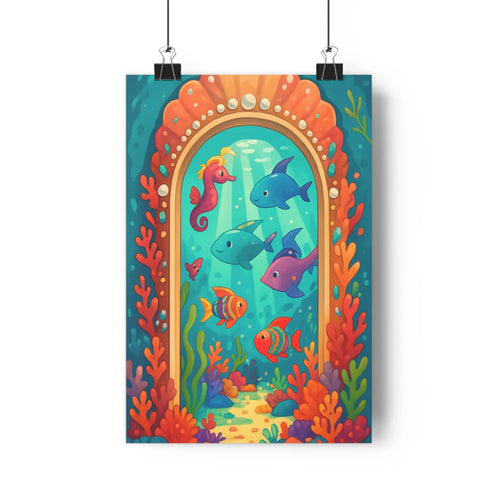 Poster océan cartoon coraux poissons grotte sousmarine plantes aquatiques couleurs vives ambiance joyeuse chambre enfants vivant vibrant unique fantastique