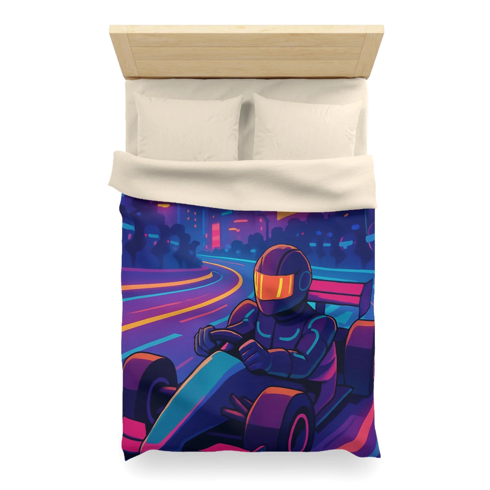Housse de couette néon style rétro futuriste avec pilote de course en ville