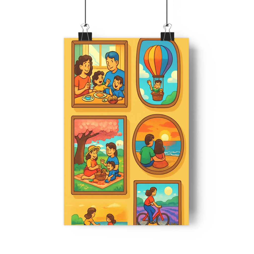 Poster famille repas ballon pique-nique soleil mer lavande vie quotidienne cartoon couleurs douces ambiance joyeuse salon chambre