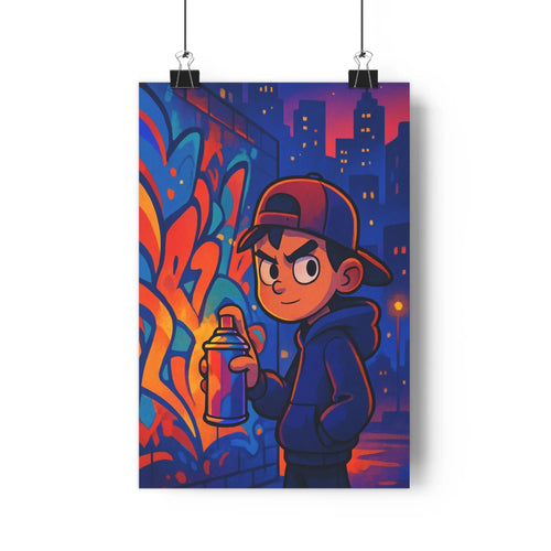 Poster urbain nocturne homme bombe peinture bonnet rouge sweat bleu gratte-ciels illuminés ambiance vibrante dynamique style cartoon couleurs vives salon
