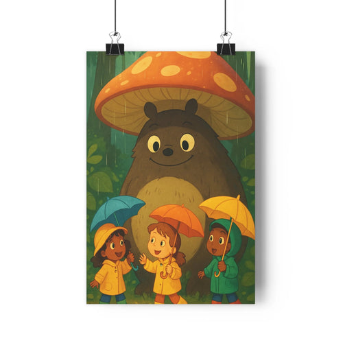 Poster enfants sous pluie parapluies colorés champignon tacheté forêt feuillues cartoon expressifs ambiance amicale jours pluvieux chambre salon