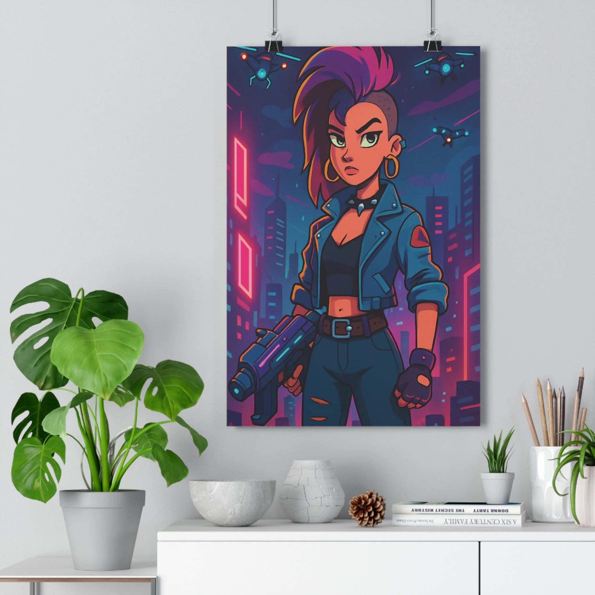 Poster décoratif cyberpunk femme rebelle néons roses bleus vibrant dynamique moderne salon chambre qualité