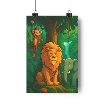 Poster jungle lion éléphant singe vert bleu contour net expression faciale naturelle sereine salon chambre mural