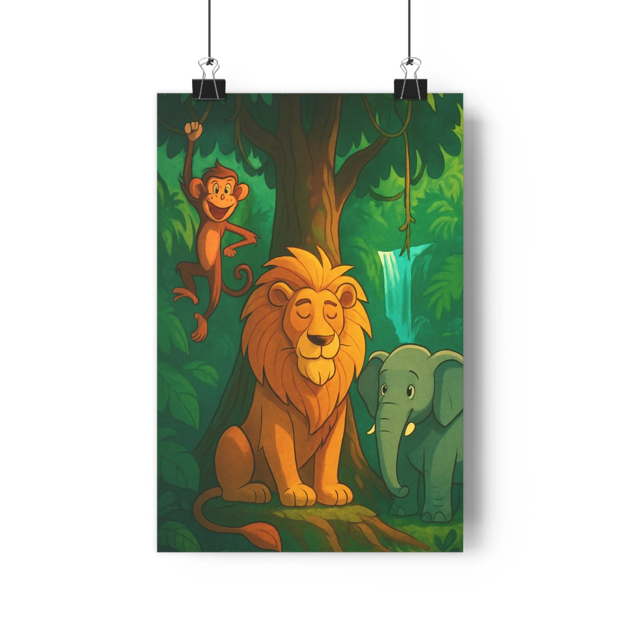 Poster décoratif jungle lion éléphant singe vert doré joyeux salon chambre mural impression vibrant