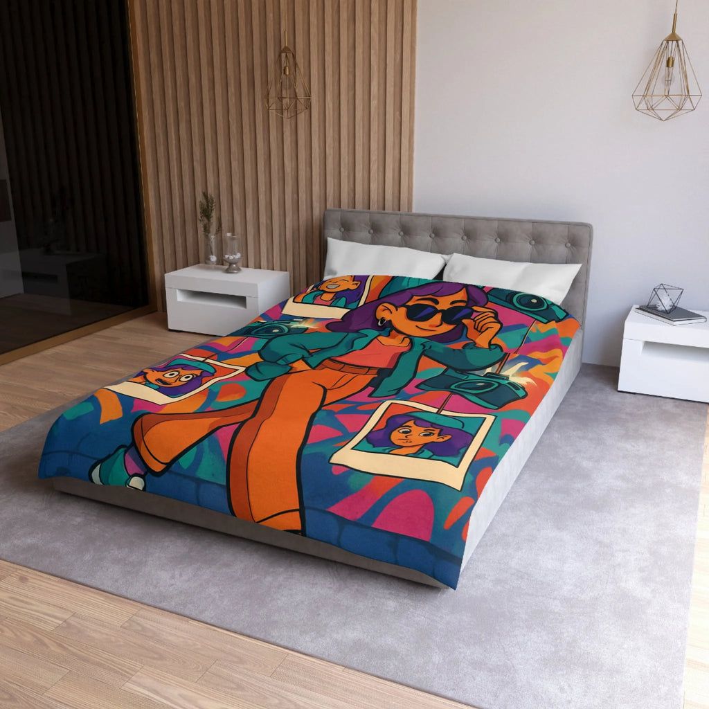 Housse de couette vivante avec personnage stylé marchant dans ambiance artistique colorée et ludique