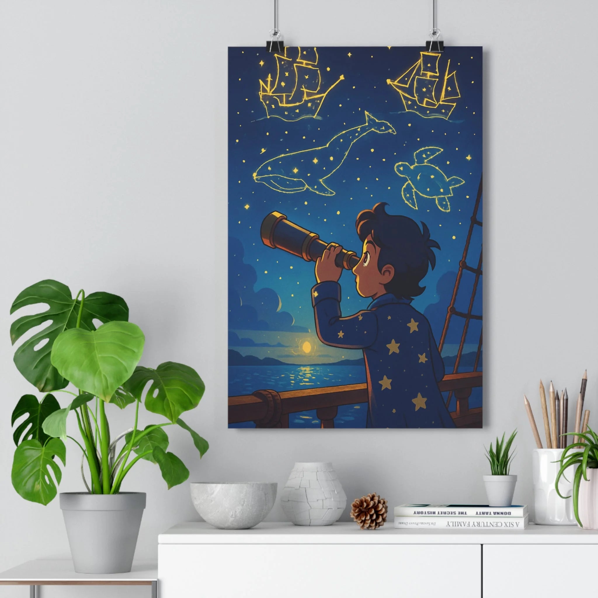 Poster décoratif rêveur bleu doré aventure mystique chambre salon bureau illustration constellation format 30x46