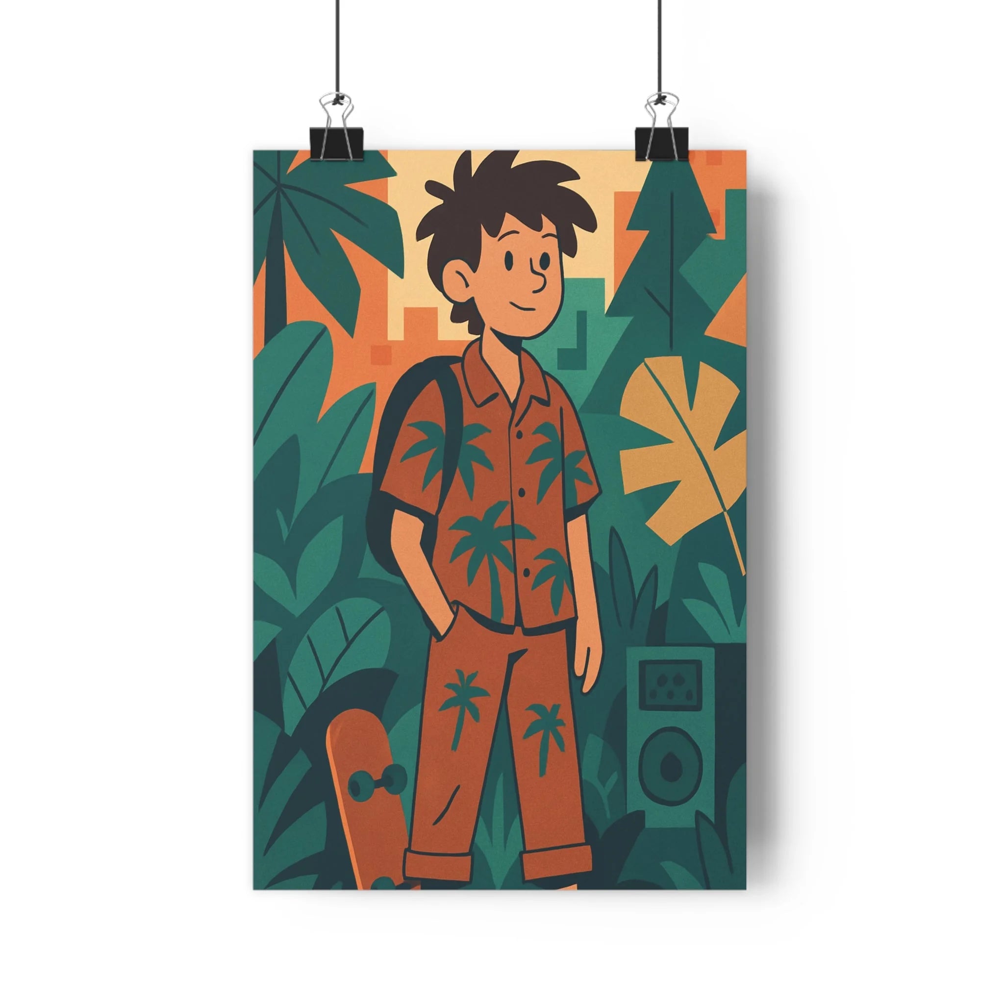 Poster décoratif jungle géométrique vert orange cartoon stylisé aventurier salon bureau nature unique qualité