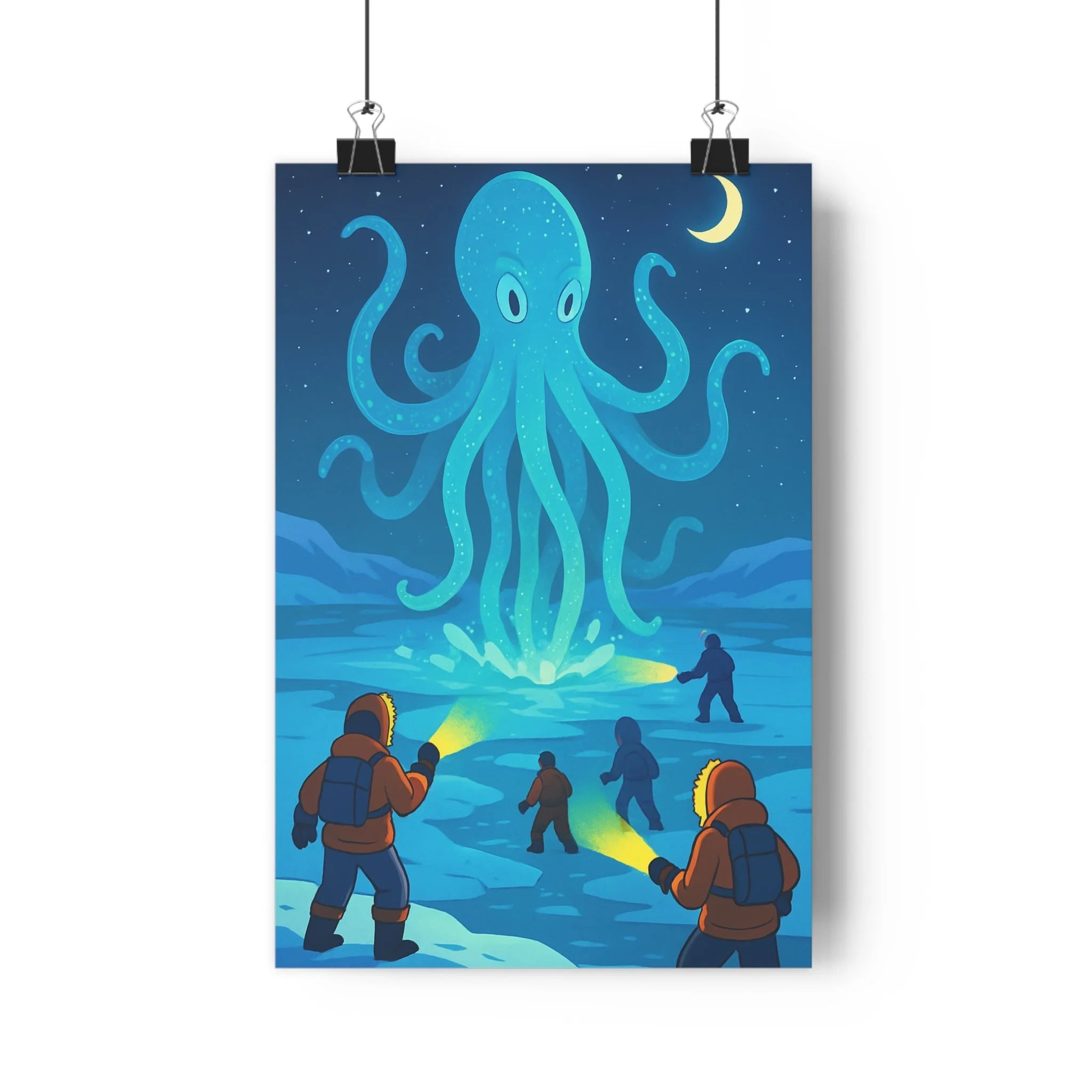 Poster décoratif créature arctique cartoon mystérieux chambre bureau explorateur aventure coloré lumineux glace captivant