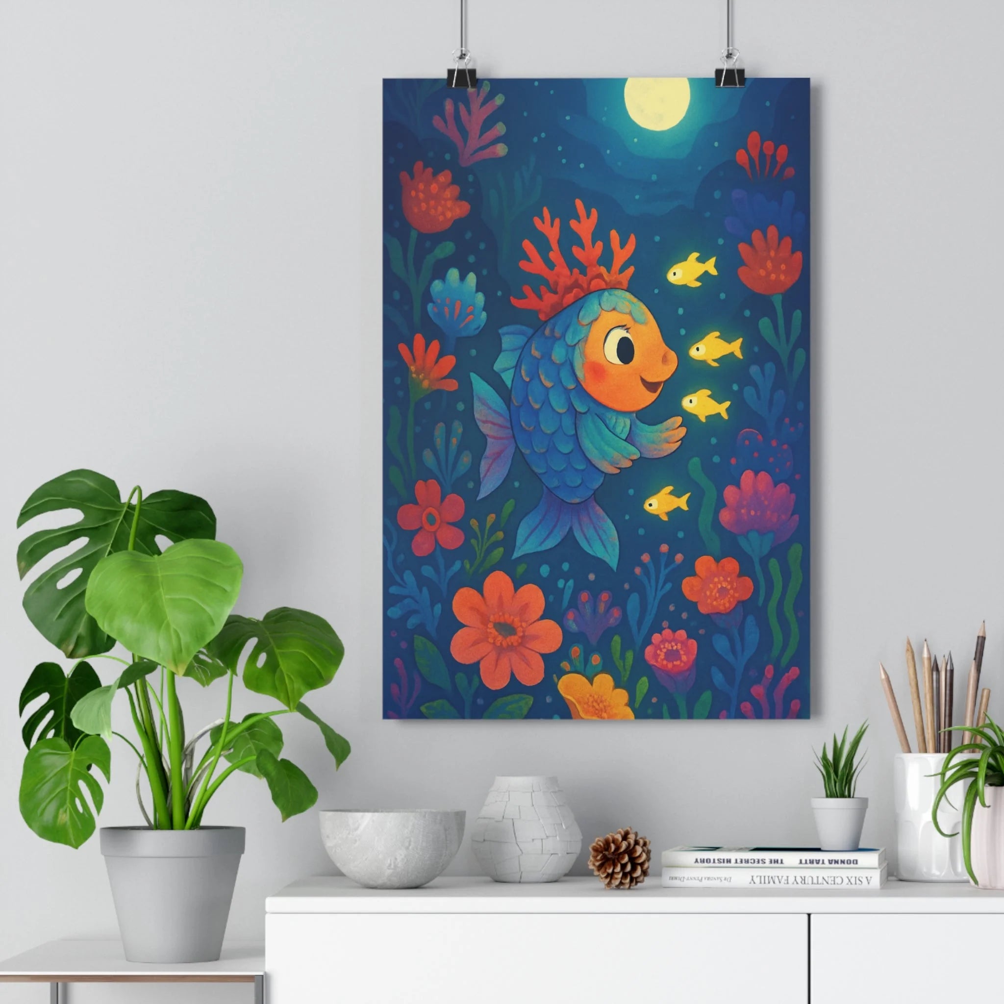 Poster décoratif féerique bleu rouge orange magique joyeux chambre enfant salon moderne lumineux couleurs