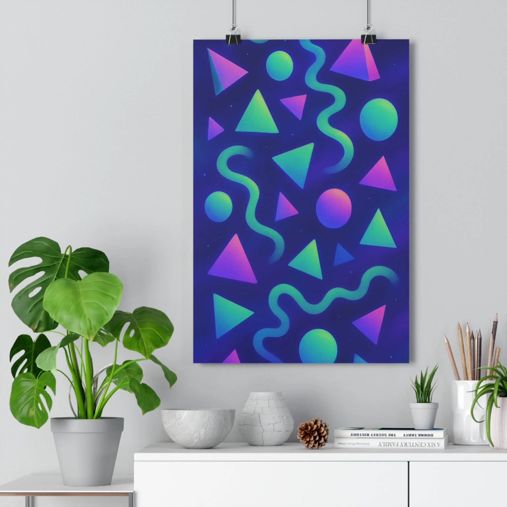 Poster décoratif géométrique couleurs vives violet bleu vert surréaliste moderne salon chambre artistique ambiance