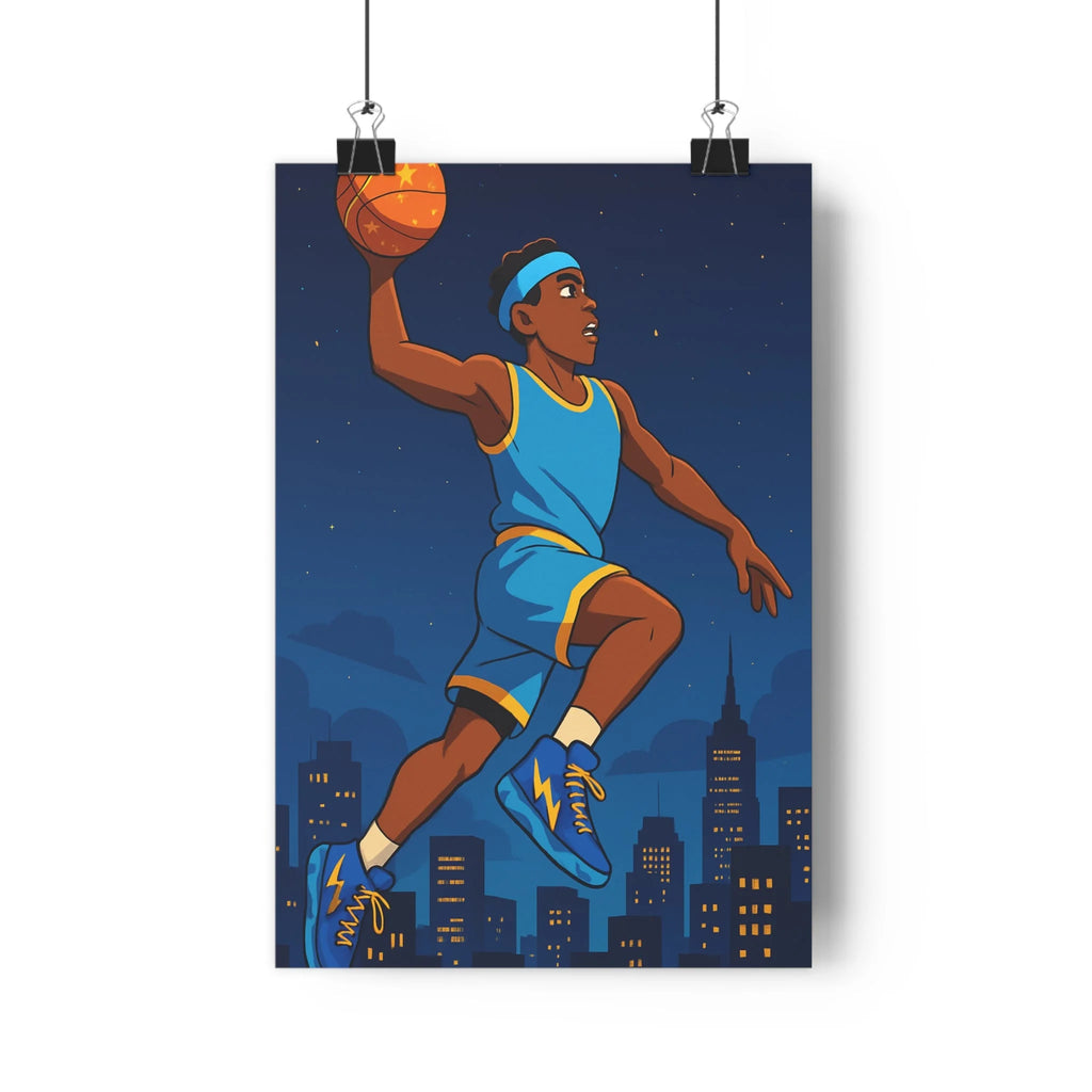 Poster décoratif moderne basketball athlète bleu orange cartoon nocturne vibrant chambre dynamique ville étoilé