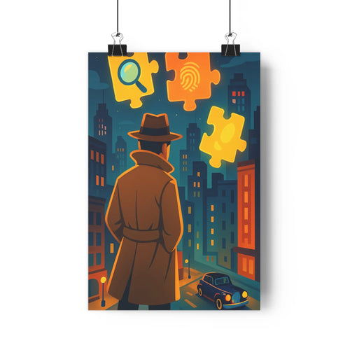 Poster détective puzzle enquête nuit ville lumière bleue orangée mystère graphique coloré contours nets chambre salon