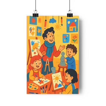 Poster artistique groupe enfants instructeur atelier peinture tabourets affiches murales motifs géométriques outils créatifs ambiance joyeuse décor coloré style illustratif