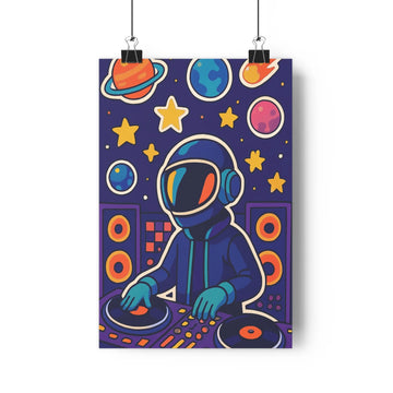 Poster dj astronaute disques vinyle fond bleu nuit planètes étoiles dorées style moderne pop formes simples contours nets ambiance dynamique
