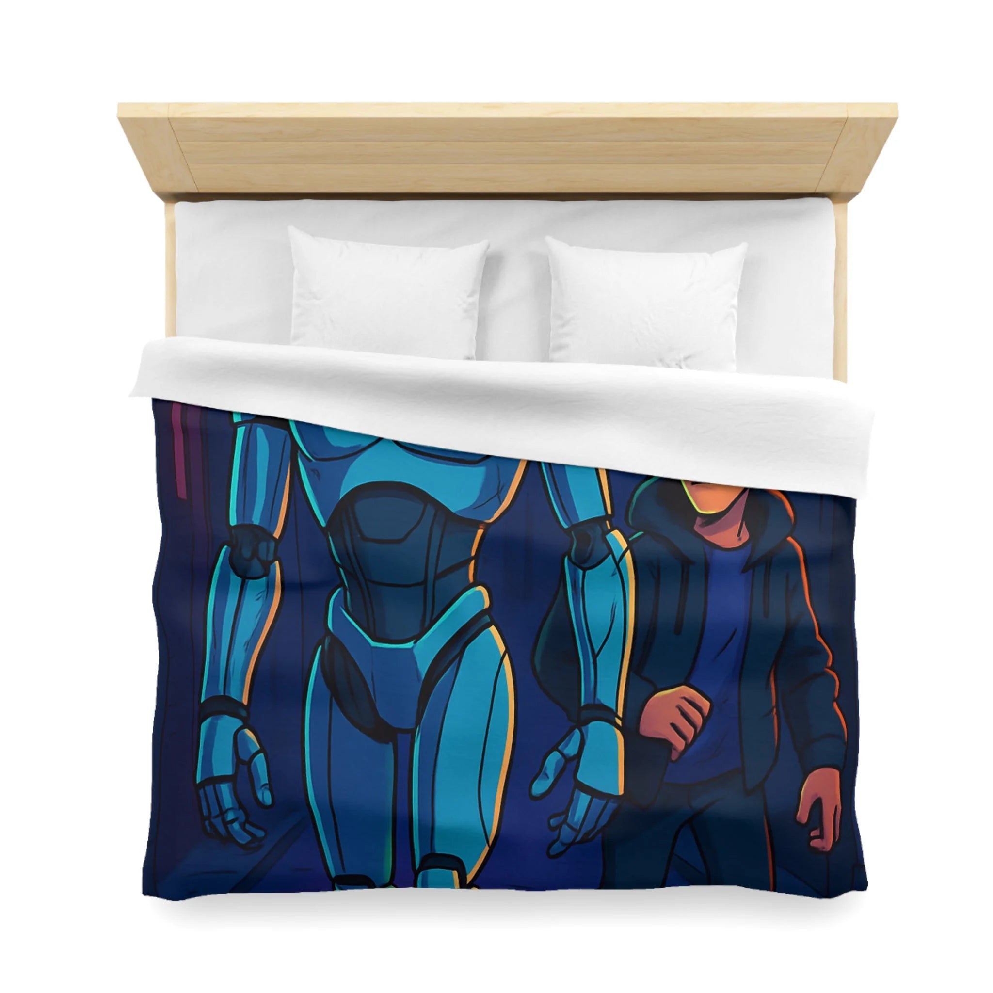 Housse de couette moderne avec illustration néon de robot et jeune avec lunettes lumineuses