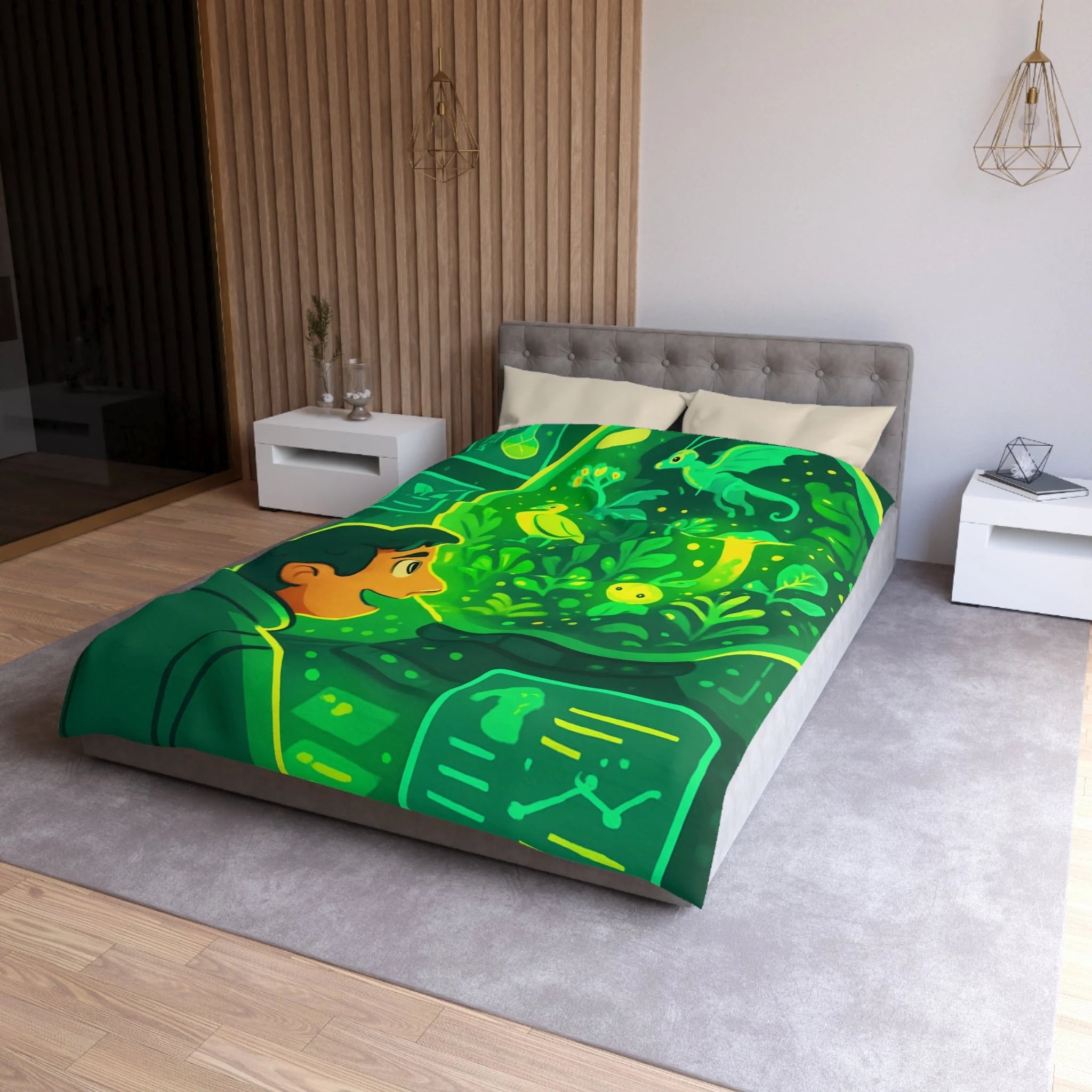 Housse de couette verte forêt magique avec créatures et éléments de laboratoire lumineux