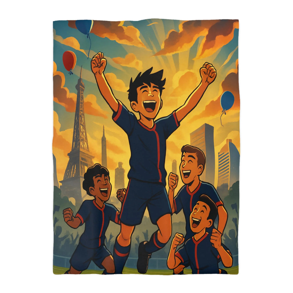 Housse de couette pour enfants avec footballeurs enthousiastes devant paysage urbain en coucher de soleil
