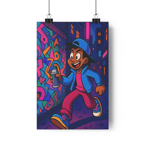 Poster urbain graffiti peinture bonnet veste pull chaussures gratteciel lumières colorées bleu rose noir ambiance festive créative chambre ado dynamique