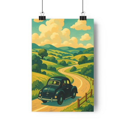 Poster vintage cartoon voiture campagne champs collines nuages bleus verts ombres douces journée ensoleillée paisible salon bureau