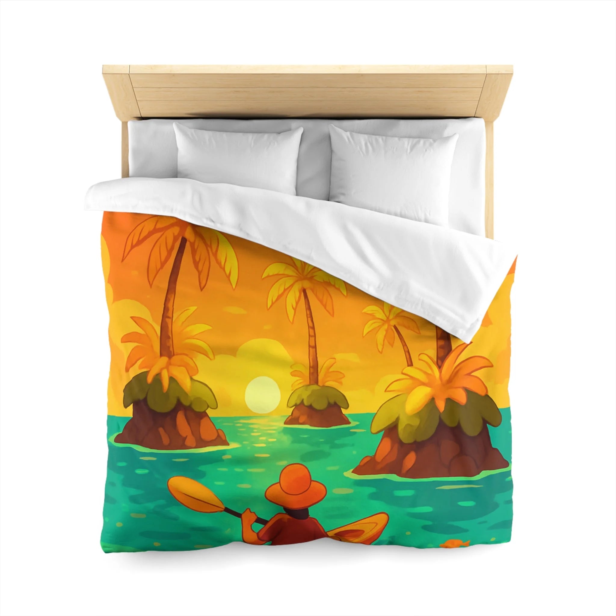 Housse de couette tropicale vibrante avec kayak, palmiers et perroquets au coucher de soleil