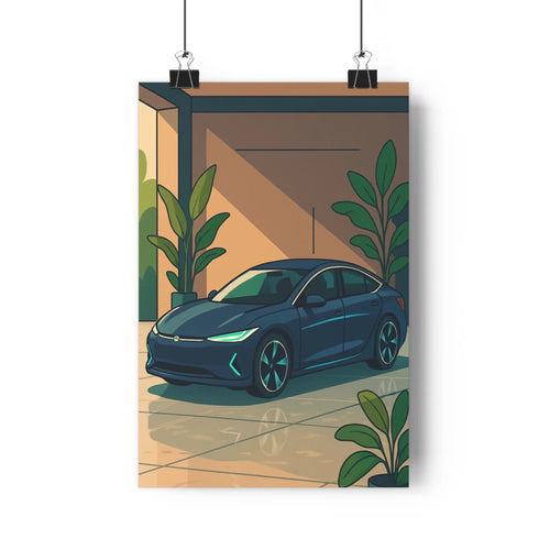 Poster moderne voiture électrique plantes vertes fond marron beige phares luminescents roues stylisées ambiance élégante design graphique simple sophistication nature