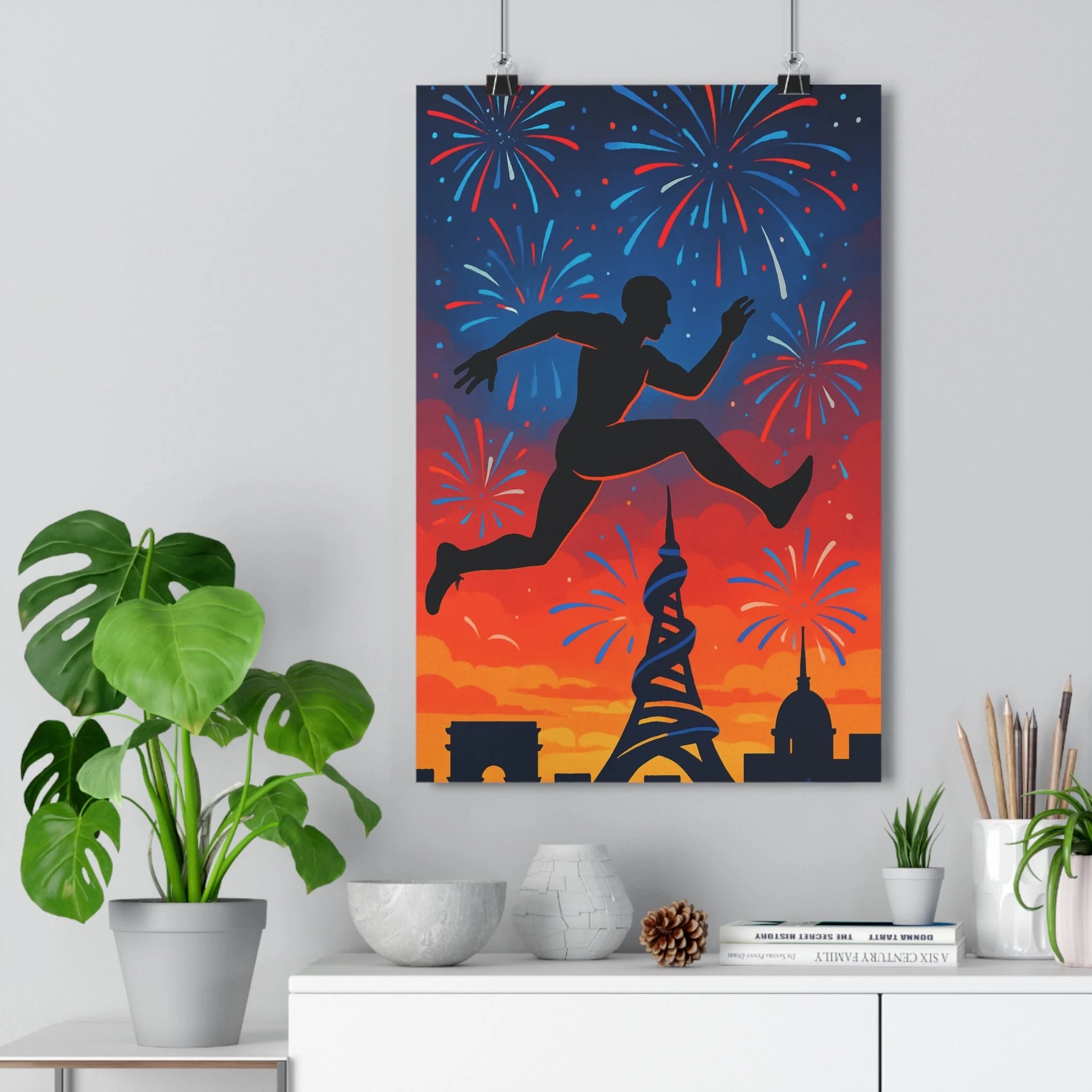 Poster décoratif moderne cartoon bleu rouge joyeux salon chambre athlète Paris monuments vibrant dynamique