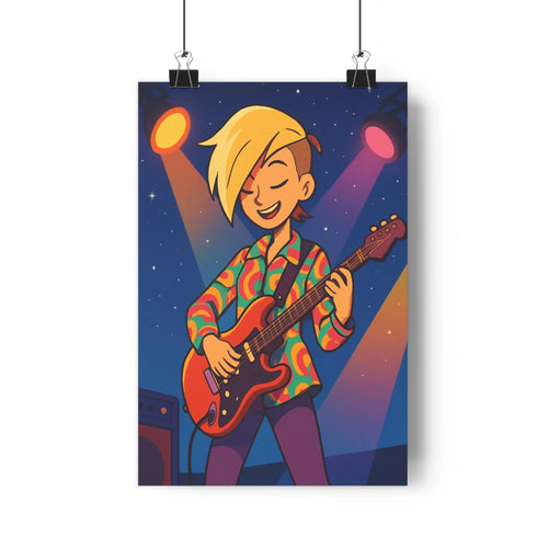 Poster homme blond guitare électrique scène bleu nuit étoiles projecteurs plante verte vase cône de pin étagère blanche ambiance festive
