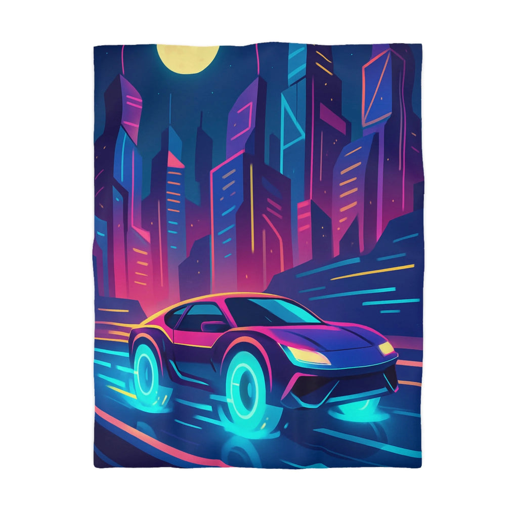 Parure de lit futuriste avec voiture néon sous lune pleine en ville vibrante