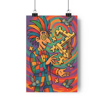 Poster joyeux puzzle oiseaux cheveux colorés chemise carreaux nœud papillon mouvement dynamique couleurs vives motifs spirales croix ambiance créative salon