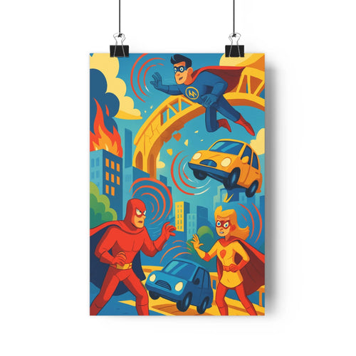 Poster superhéros volant feu ville bleu rouge jaune ciel dynamique intense gratte-ciels pont ambiance chambre salon