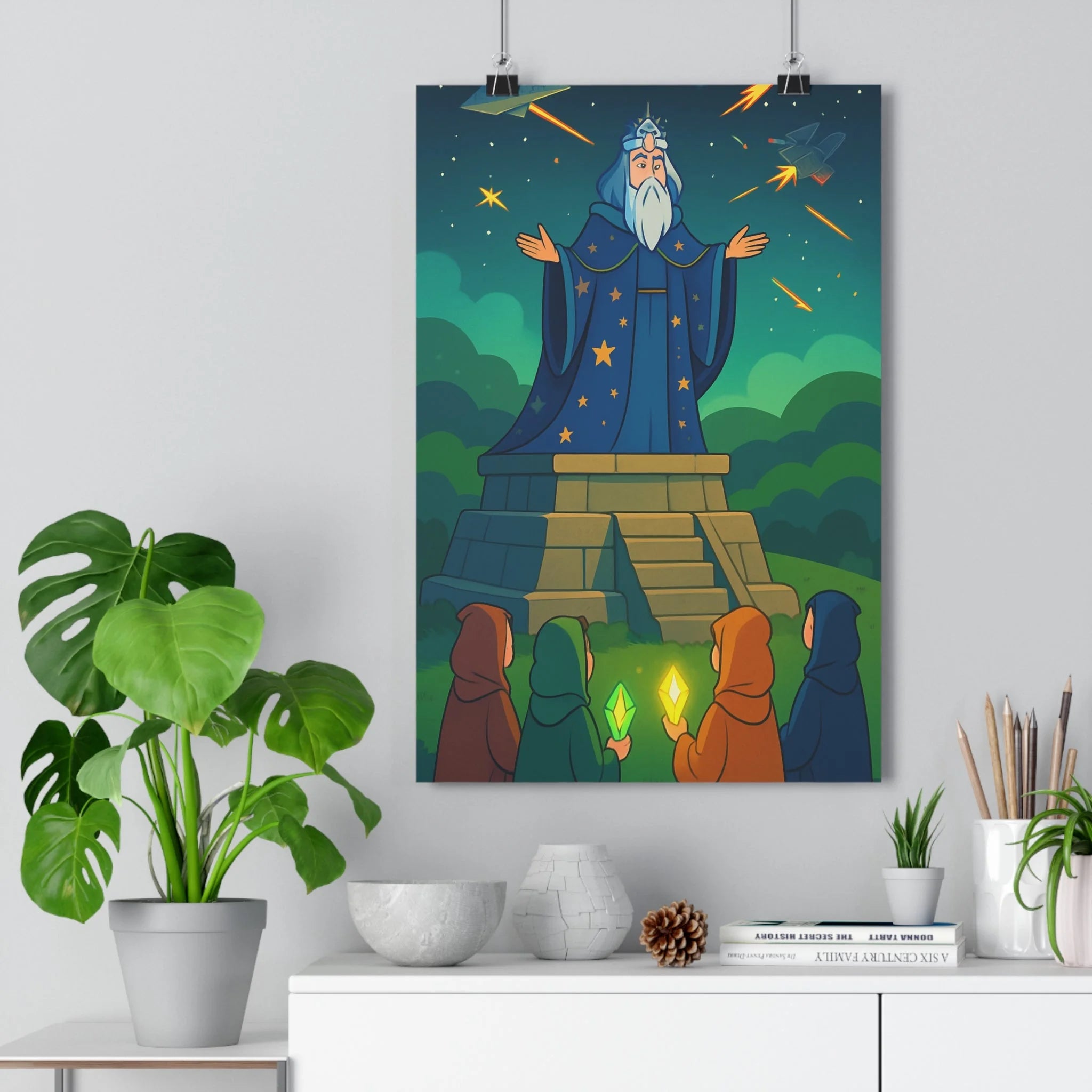 Poster décoratif étoilé mystique vibrant manga salon aventure lumineux personnages cristal ciel nocturne ambiance