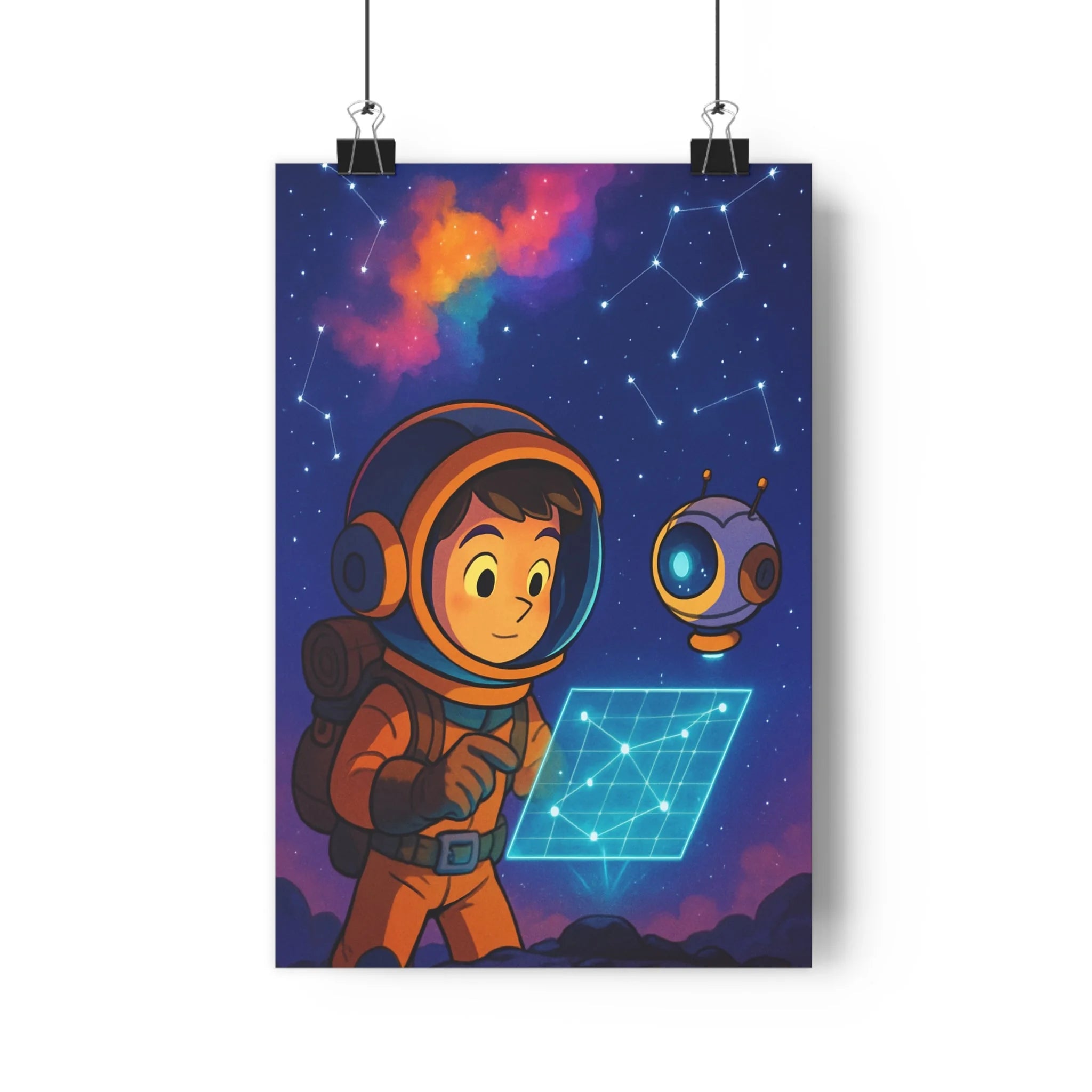 Poster décoratif aventure cartoon orange bleu rose explorateur spatial chambre enfant futuriste constellation robot