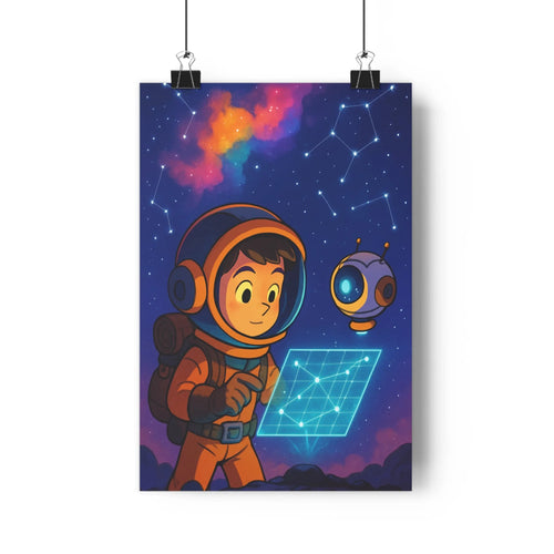 Poster astronaute tablette robot étoiles nuages colorés plante verte commode livres ambiance futuriste bleu violet chambre déco