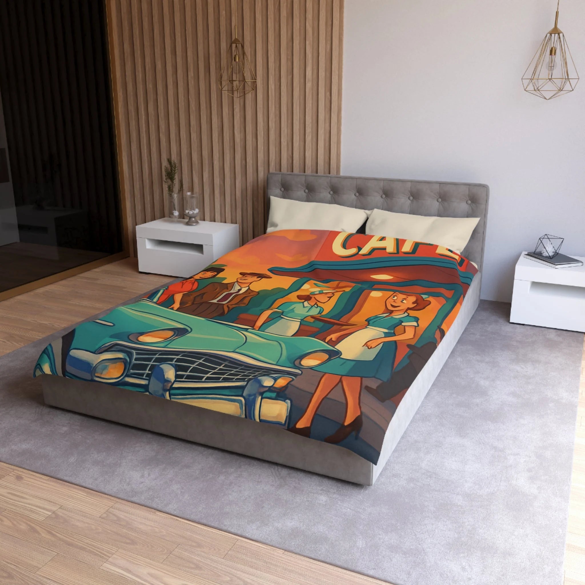 Housse de couette rétro avec illustration de café américain et voiture vintage