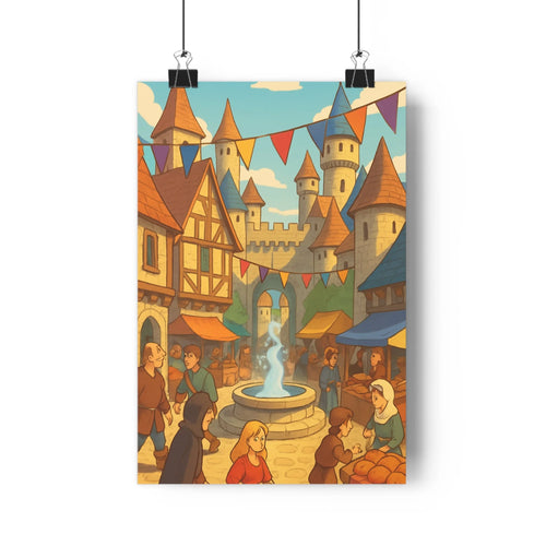 Poster marché médiéval fontaine marchands spectateurs château drapeaux colombages ambiances vivantes accueillantes nuances pastel cartoon