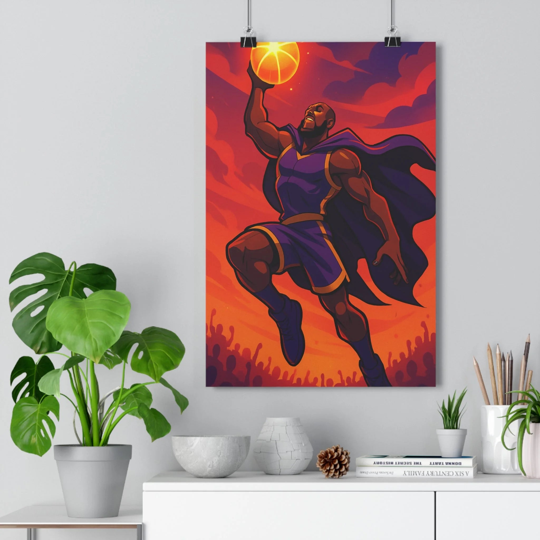 Poster décoratif joueur basketball dynamique orange violet cartoon énergique chambre enfant 30x46 vibrant tendance