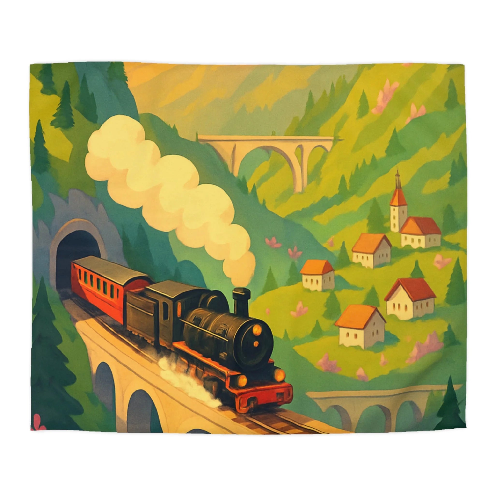 Housse de Couette Vintage Montagne Train Pont Naturelle Ambiance Enchantée Peinture Colorée