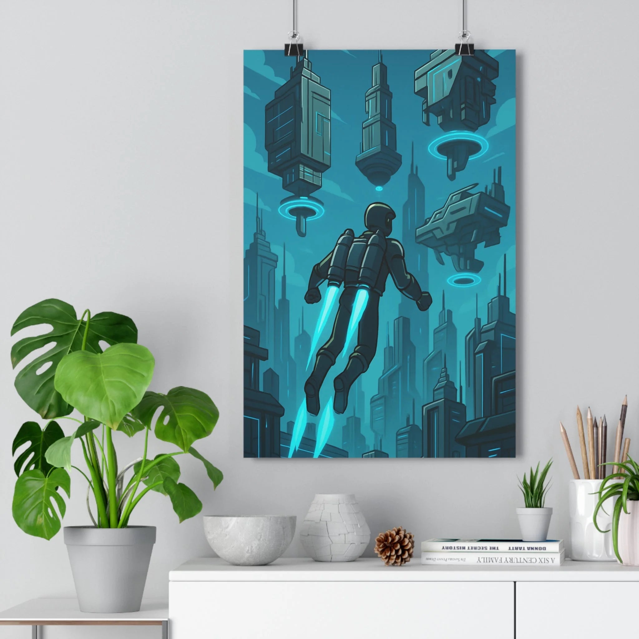 Poster décoratif futuriste personnage jetpack bleu gris cartoon dynamique bureau chambre 30x46 aventure qualité