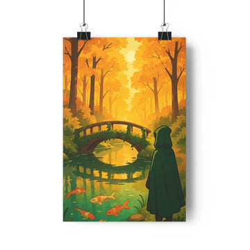 Poster automne pont arbres feuilles jaunes oranges manteau vert poissons eau calme ambiance sereine reflet nature contemplation simple coloré chambre