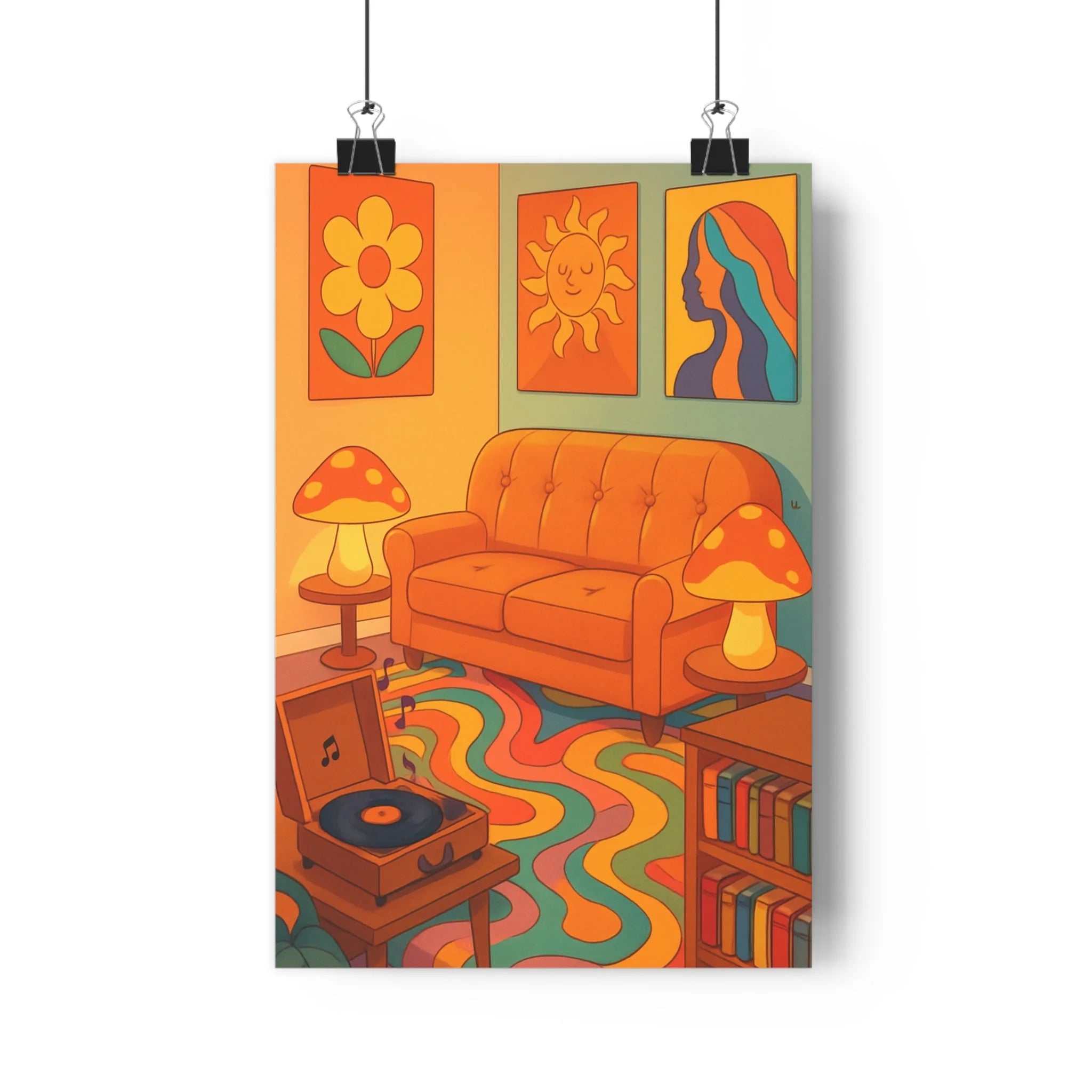 Poster décoratif vintage cartoon rétro orange salon joyeux coloré canapé lampe motif tableau fleur