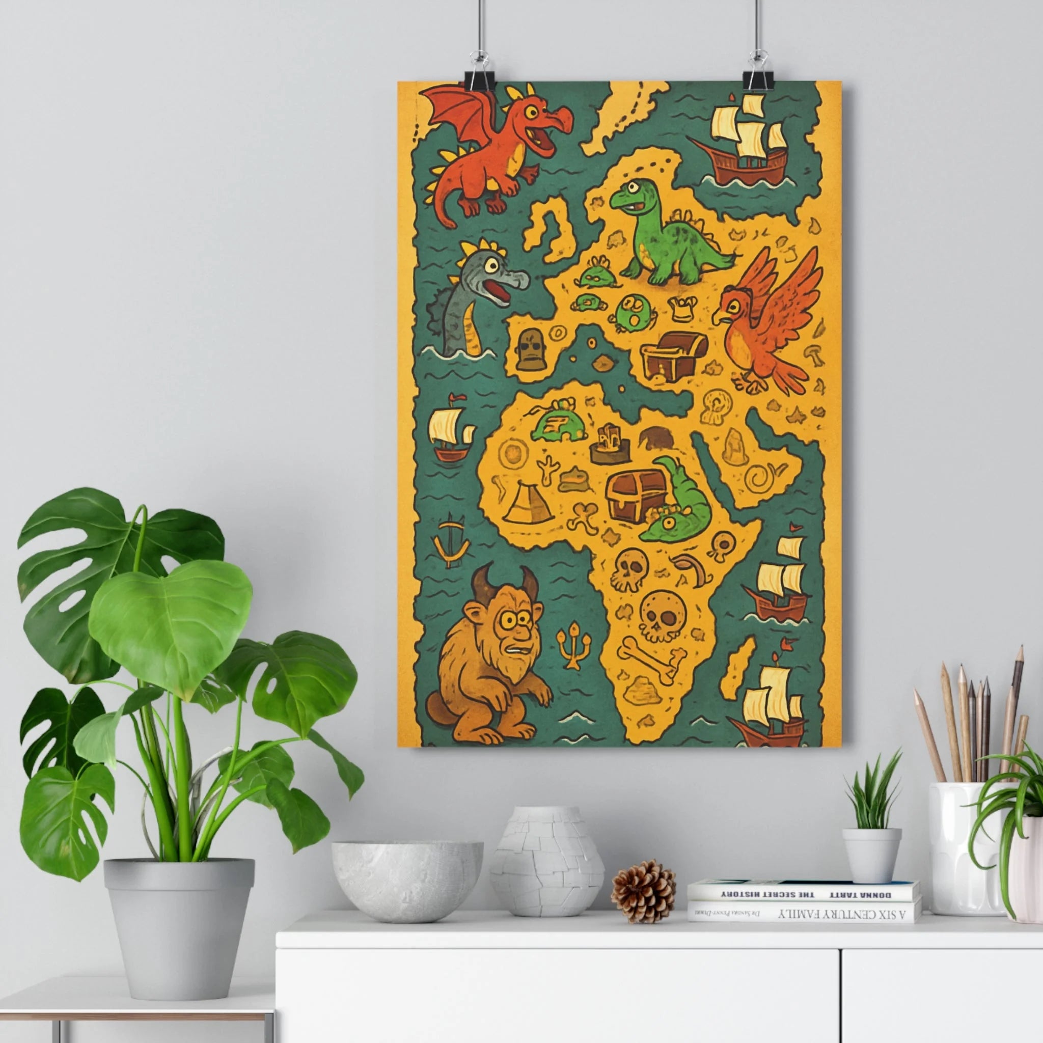 Poster décoratif carte monde cartoon mystique bleu vert rouge enfant chambre bureau créatures fantastiques