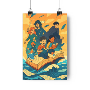 Poster enfants lecture aventure livre ouvert nuages oiseaux vagues costumes chapeaux contours nets couleurs vives orange chaud bleu ambiance fantastique