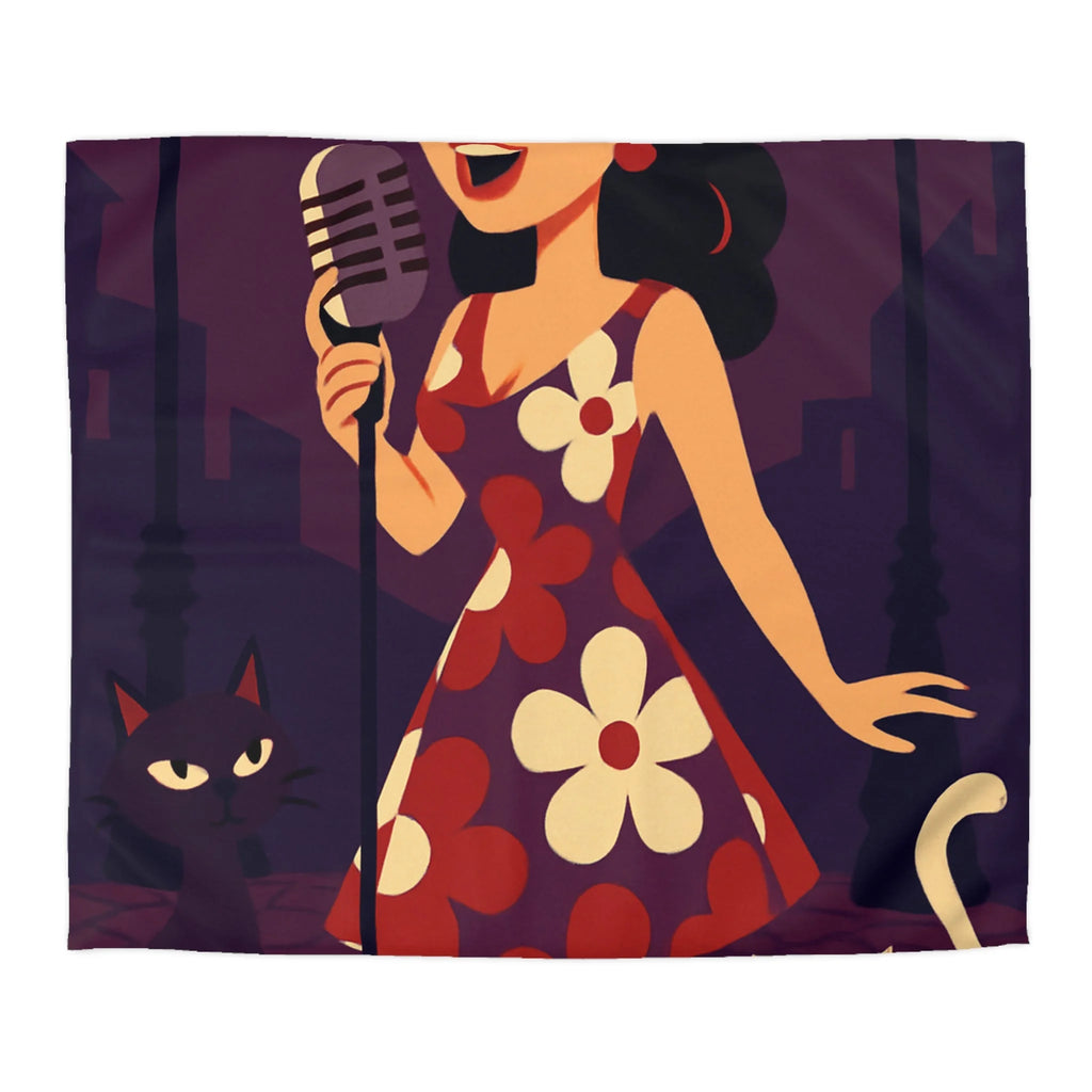 Housse de Couette Vintage avec Chanteuse Rétro et Chats sous Réverbères Nocturnes
