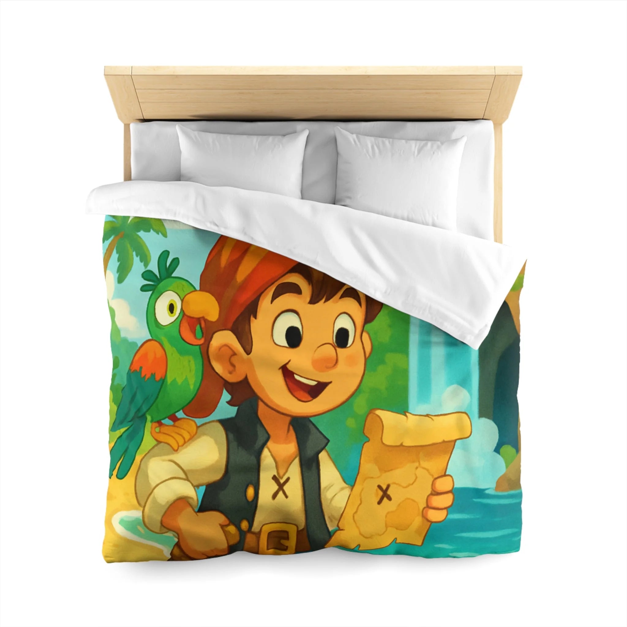 Housse de Couette Pirate Enfantine avec Perroquet, Carte au Trésor, Cascade et Plage