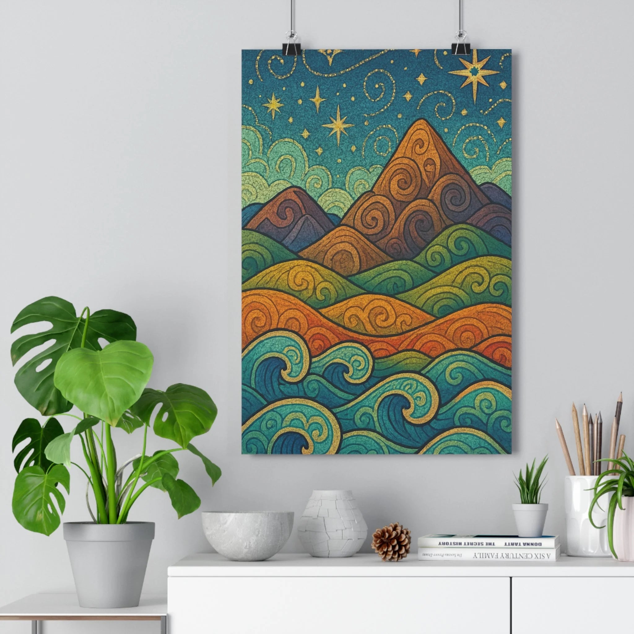 Poster décoratif cartoon paysage épique bleu vert orange ciel étoilé salon chambre dynamique fantaisie