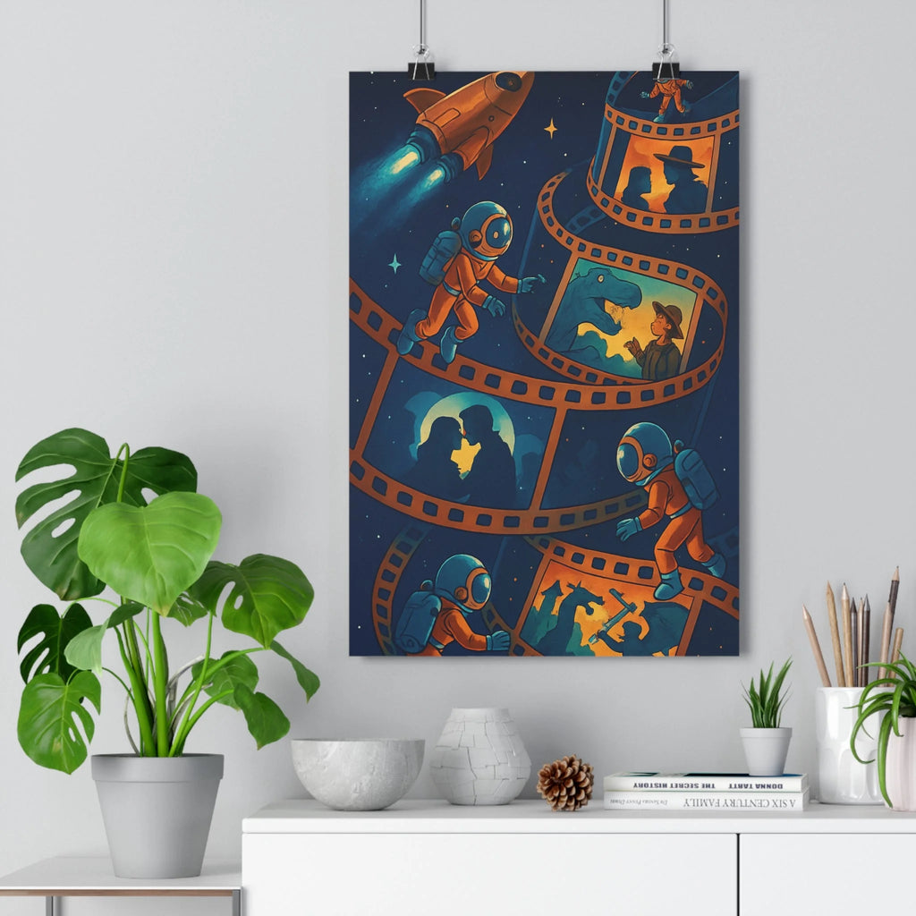 Poster décoratif cartoon espace astronautes aventure orange bleu rétro futuriste salon chambre unique qualité