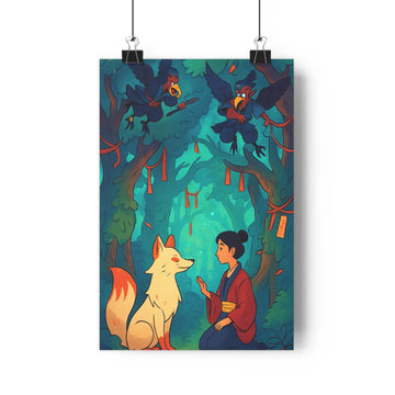 Poster forestière conversation renardeau femme oiseaux lanternes mystère nature traditionnelle rouge noir verte introspection salon chambre