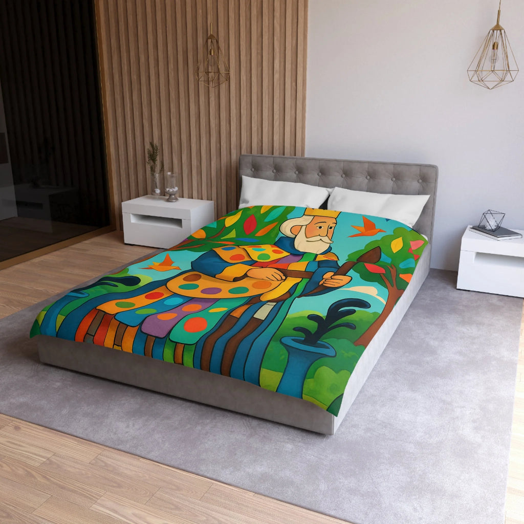 Housse de couette multicolore avec roi et oiseaux dans un jardin enchanteur